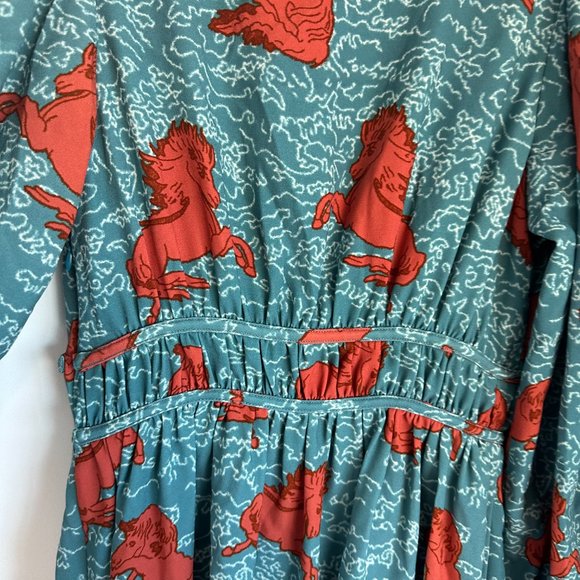 Rhode Mini Dress Velvet Plunge Neck Long Puff Sleeves Blue Horse Print Sz Small - Picture 8 of 9